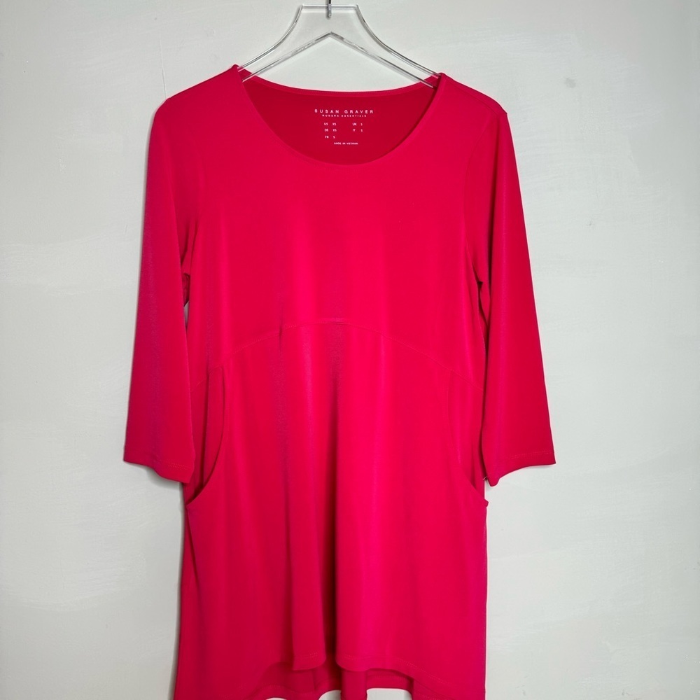 Susan Graver Weekend Pink Crew Neck Long Tunic Pockets - Picture 1 of 9